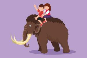 Graphic flat design drawing brave little boy and girl caveman riding woolly mammoth together. Kids sitting on back of mammoth. Stone age children. Ancient human life. Cartoon style vector illustration