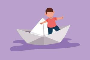 Graphic flat design drawing cute little boy sailing on paper boat. Happy smiling kids having fun and playing sailor in imaginary world. Children playing paper boat. Cartoon style vector illustration