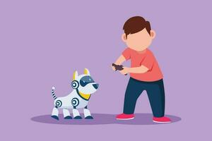 Character flat drawing adorable little boy playing with electronic toys dog robot with remote control in hands. Happy kids with remote control robot pet at school. Cartoon design vector illustration