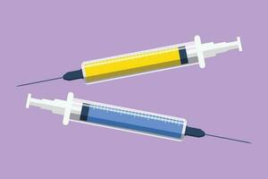 Graphic flat design drawing stylized injection syringe icon. Injection medical logo label. Vaccine and medicine symbol. Applicable for vaccine injection, vaccination. Cartoon style vector illustration