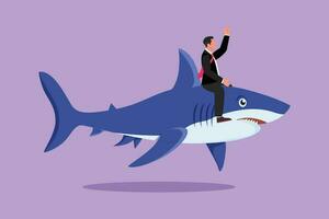 Graphic flat design drawing brave businessman riding huge dangerous shark. Professional entrepreneur character fight with predator. Business metaphor and competition. Cartoon style vector illustration