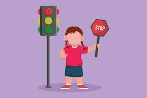 Cartoon flat style drawing pretty little girl holding stop sign in arm standing near road, pedestrian rules for kids, traffic light concept. Child holding stop sign. Graphic design vector illustration