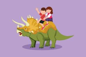 Graphic flat design drawing adorable little boy and girl caveman riding triceratops together. Kid sitting on back of dinosaur. Stone age children. Ancient human life. Cartoon style vector illustration