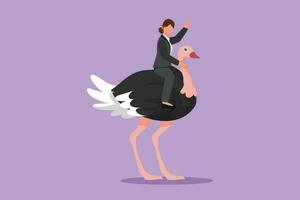 Cartoon flat style drawing of businesswoman riding ostrich symbol of success. Business metaphor, looking a goal, achievement, leadership. Professional entrepreneur. Graphic design vector illustration