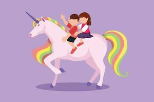 Cartoon flat style drawing of happy little boy and girl riding unicorn together. Children sitting on back unicorn in fairy tale dream. Kids learning to ride unicorn. Graphic design vector illustration