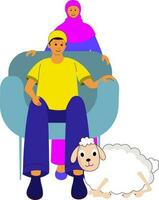 Islamic Young Woman Standing Behind Man Sitting At Sofa And Cartoon Sheep On White Background. vector