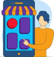 Faceless Woman Ordering Online From E-Shop In Smartphone On Blue And White Background. vector