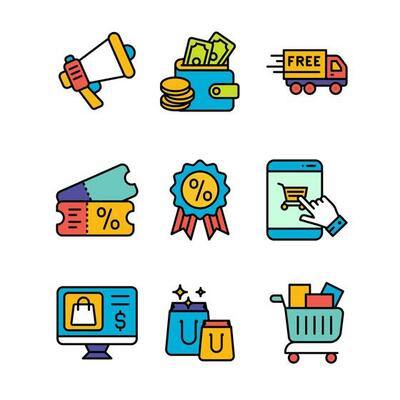 Ecommerce and Shopping Icons Set in Colored Outline Style Icon