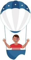 Sticker Style American Goggles Wearing Young Boy Riding Hot Air Balloon. vector