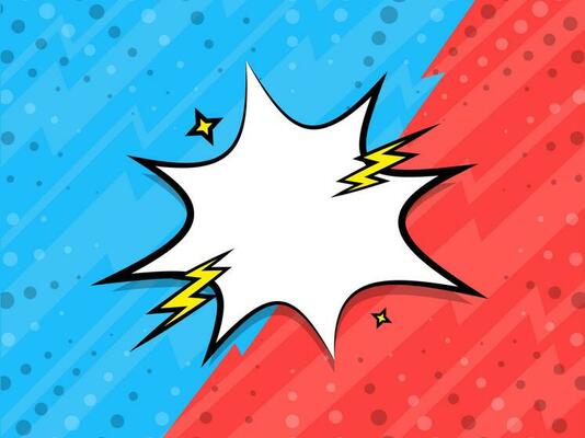 Blank Starburst Frame With Lightning Bolts On Blue And Red Dotted Background.