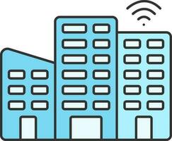 Wifi o punto de acceso conectar horizonte edificio icono en azul color. vector