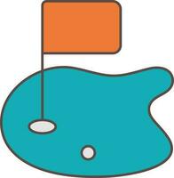 Golf Field With Ball And Flag Icon In Orange And Teal Color. vector