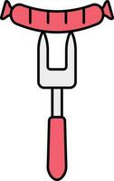 Sausage On Fork Icon In Red And Gray Color. vector