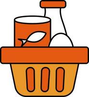 Fish Can With Milk And Egg Basket Icon In Orange And White Color. vector