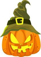 Creepy Cartoon Pumpkin Wearing Witch Hat Flat Element. vector