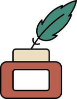 Feather And Inkwell Icon In Teal Green And Brown Color. vector