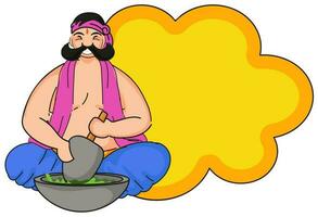 Cartoon Mustache Man Grinding Weed Or Hemp On Chrome Yellow And White Background With Copy Space. vector