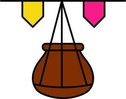 Yellow And Pink String Flag With Dahi Handi Hang Icon. vector