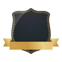 Black Shield Frame Or Badge With Golden Ribbon Element On White Background. vector