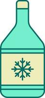 Snowflake Symbol On Alcohol Bottle Icon In Turquoise And Yellow Color. vector