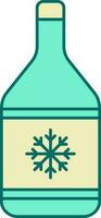 Snowflake Symbol On Alcohol Bottle Icon In Turquoise And Yellow Color. vector