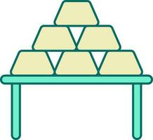 Flat Style Gold Bars Stack On Table Icon In Turquoise And Yellow Color. vector