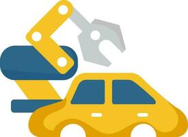 Robotic Arm With Car Icon In Blue And Yellow Color. vector