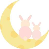 Back View Of Cute Bunny Or Rabbit Sitting On Half Moon Flat Icon. vector