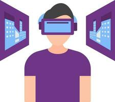 Wearing Vr Glasses Young Man Standing On Way With Building Blue And Purple Icon. vector
