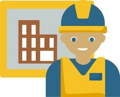 Cartoon Worker Man With Building Flat Icon. vector