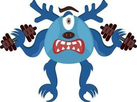 Scary One Eyed Cartoon Monster Holding Dumbbell Flat Icon. vector