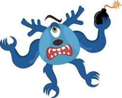 Creepy Cartoon Monster Holding Bursting Bomb Flat Icon. vector