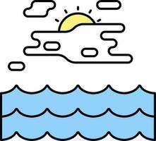 Flat Illustration Of Sun Behind Clouds With Water Blue And Yellow Icon. vector