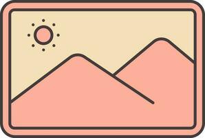 Sun With Mountains Painting Icon In Peach Yellow And Red Color. vector