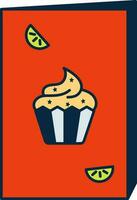 Cupcake With Fruit Slices Greeting Card Blue And Orange Icon. vector