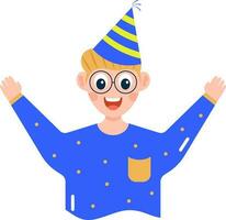 Vector Illustration Of Happy Little Boy Wearing A Party Hat In Sticker Style.