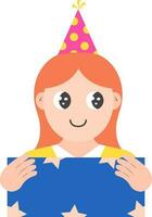 Happy Little Girl Wearing Party Hat and Holding Present Icon. vector