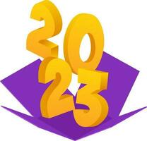 Surprise Open Gift Box With Golden 2023 Number On White Background In Golden And Purple Color. vector