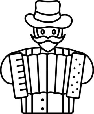 Cartoon Accordionist Character Icon In Black Thin Line Art.