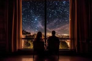 el espalda de un Pareja sentado por el hotel ventana, el ver mediante el ventana es un estrellado noche. ai generativo foto