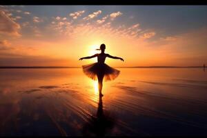 el silueta de un bailarina en el puesta de sol playa. ai generativo foto