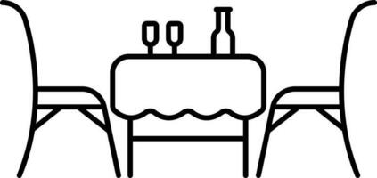 Bottle And Glass On Table With Chair Icon In Black Linear Art. vector