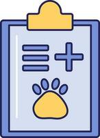 veterinario documento papel con portapapeles icono en azul y amarillo color. vector