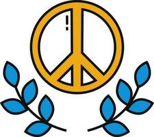 Peace Symbol With Leaves Icon In Blue And Yellow Color. vector