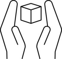 Hand Holding Cube Icon In Black Line Art. vector