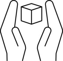 Hand Holding Cube Icon In Black Line Art. vector