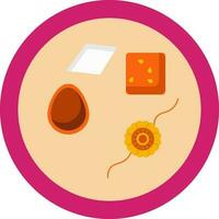 Close View Of Sweets With Diya And Rakhi Decorate Worship Plate Colorful Icon. vector