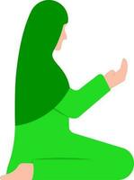 Cartoon Young Muslim Girl Siting Praying Pose Green Icon. vector