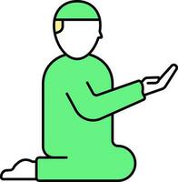 Cartoon Young Muslim Man Siting In Praying Green Icon. vector