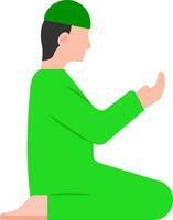 Young Muslim Boy Sitting In Praying Pose Green Icon. vector